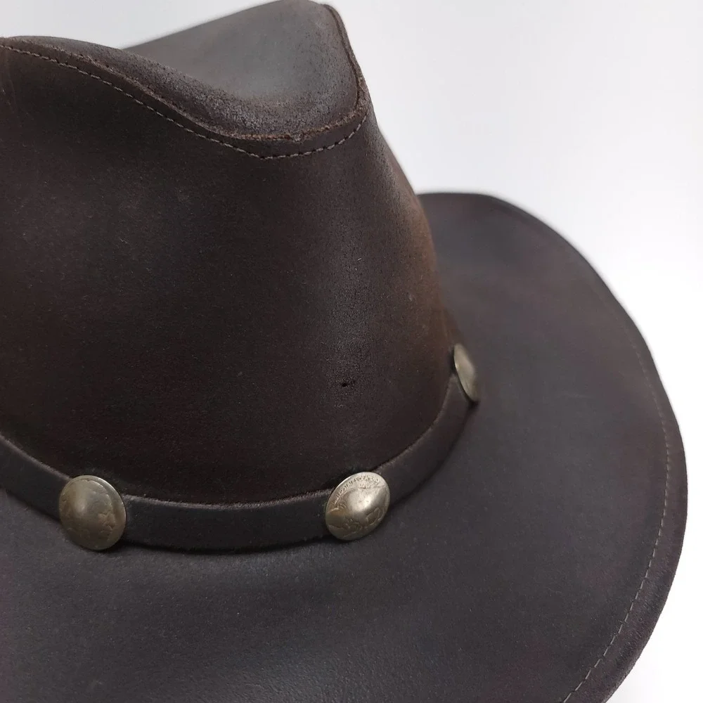 Henschel Hat Co. Brown Leather Western Buffalo Nickel Coin Banded Hat‎ Sz M
